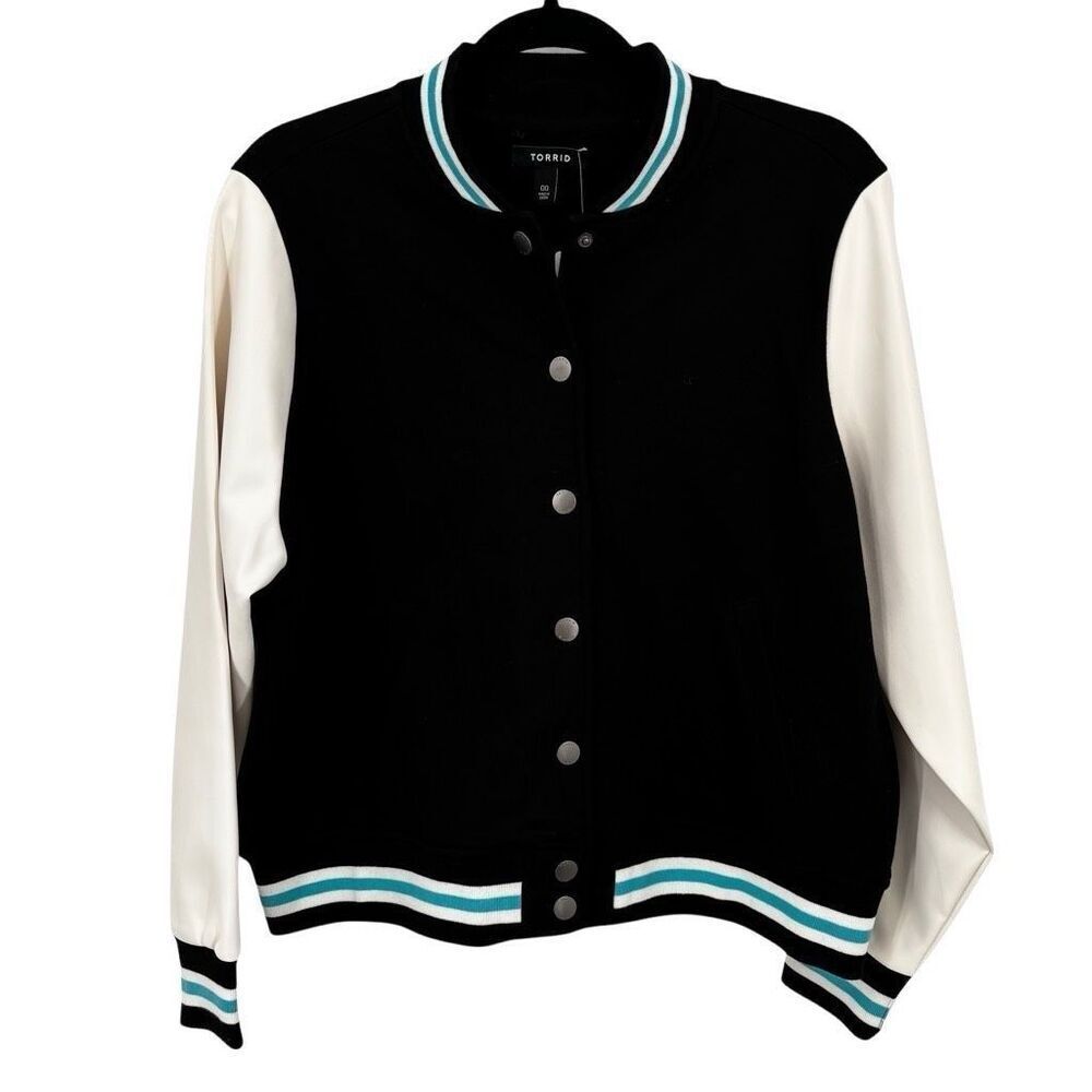 Torrid Fleece Faux Leather Sleeve Varsity Bomber Jacket BLK/White Size M/L NWT